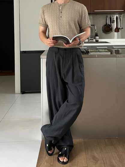 Army Green men's linen-style leisure trousers with a drawstring waist, laid flat.