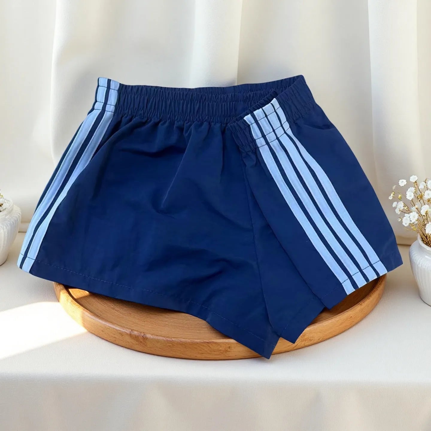 Men's navy blue nylon casual sports shorts with high waist design