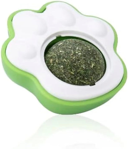 Blue, green, and pink catnip balls with textured surface for dental chewing, shown next to a measuring tape indicating 45mm size.