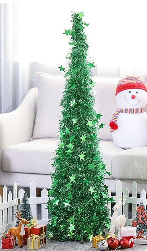 Collapsible artificial Christmas tree with sequin decorations in silver, green, gold, red, and blue options