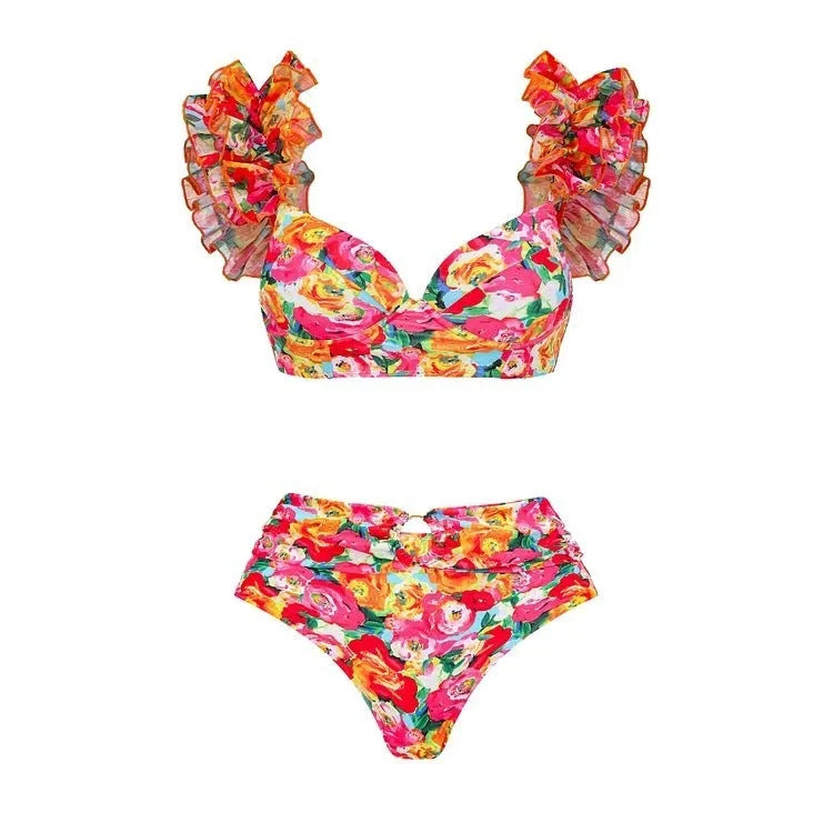 Women's floral print push-up bikini set with high-waist briefs and matching swimsuit skirt