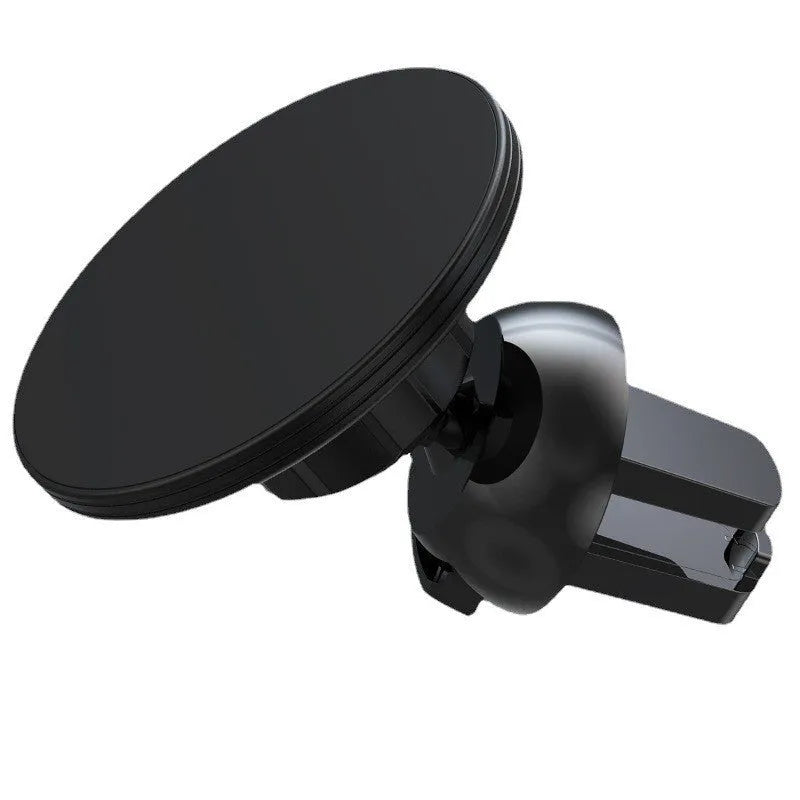 Black aluminium alloy magnetic phone holder clipped onto a car air vent, holding a smartphone securely.