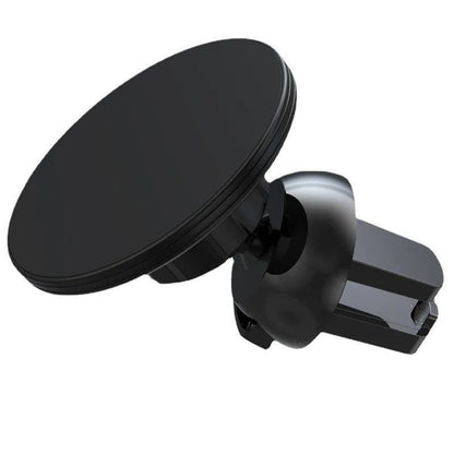 Black aluminium alloy magnetic phone holder clipped onto a car air vent, holding a smartphone securely.