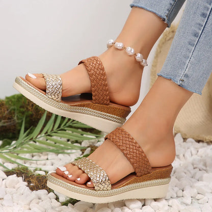 Women's gold and silver plus size wedge sandals with rubber soles on size chart