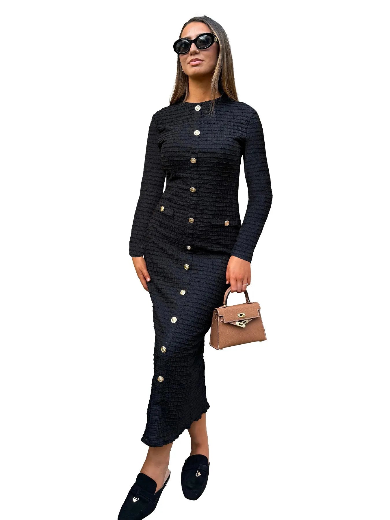French retro slim fit knitted long-sleeved dress with buttons in black or white.