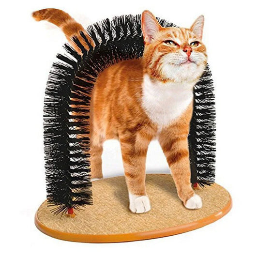 White arched cat grooming station with built-in brush bristles for scratching and coat care