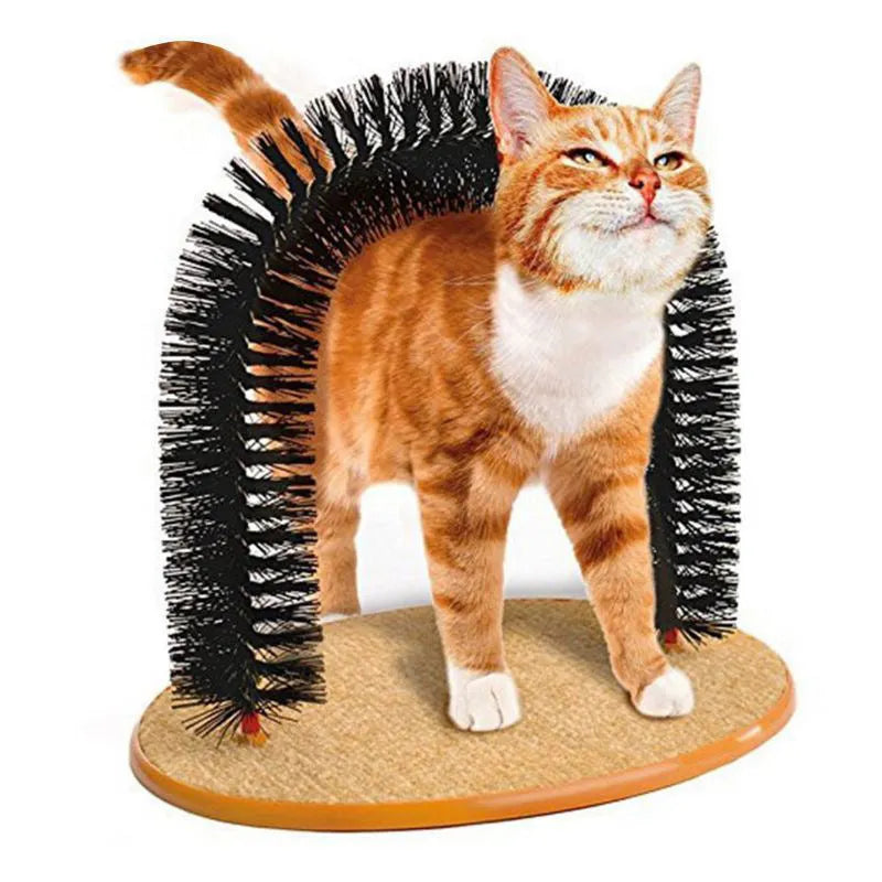Arched cat grooming toy with built-in brush bristles for scratching and fur removal