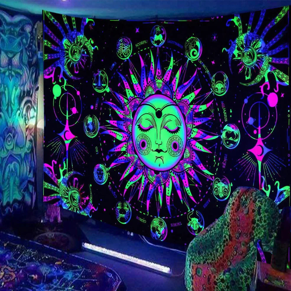 Skull print fluorescent wall tapestry showing detailed pattern on polyester fabric with hanging accessories