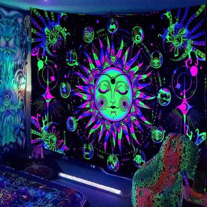 Skull print fluorescent wall tapestry showing detailed pattern on polyester fabric with hanging accessories