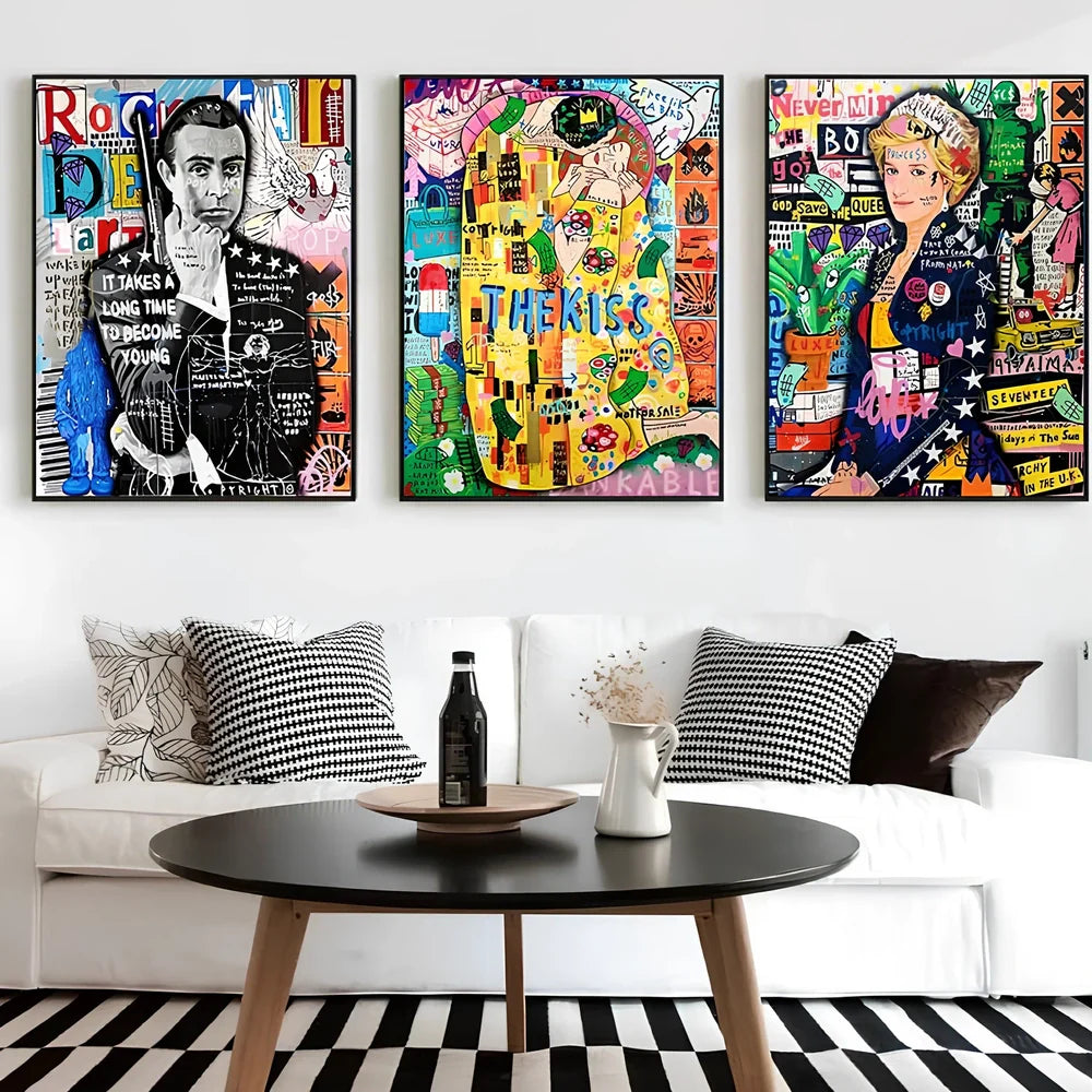 Spray-painted abstract graffiti artwork on frameless canvas poster showing urban street art design