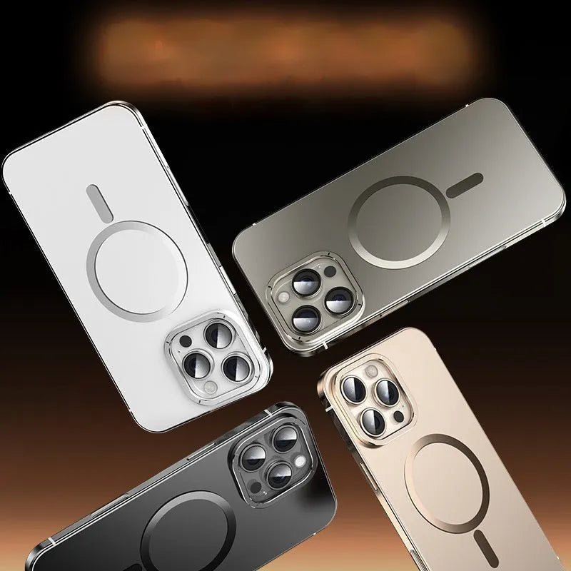 Magnetic suction iPhone case in Desert Gold with stainless steel and acrylic half-pack design and laser finish.