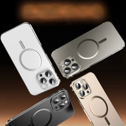 Magnetic suction iPhone case in Desert Gold with stainless steel and acrylic half-pack design and laser finish.