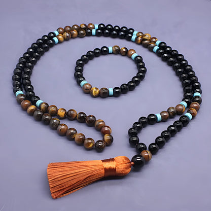 Black agate bracelet and tiger's eye stone necklace jewellery set with geometric shapes