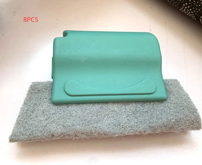 Window groove cleaning brush with comfortable grip and scouring pad head