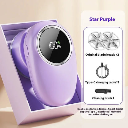 Fur ball trimmer with digital display in beige or purple colours with configurable cutter heads