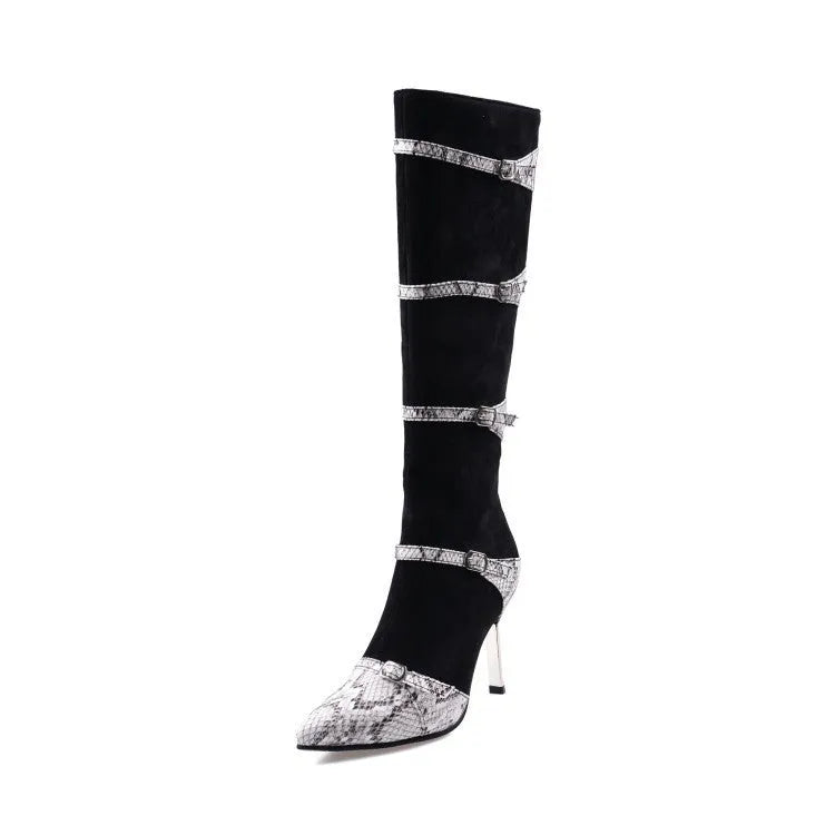 Women's grey and black knee-high boots with 9cm thin high heels, velvet lining, and rubber soles