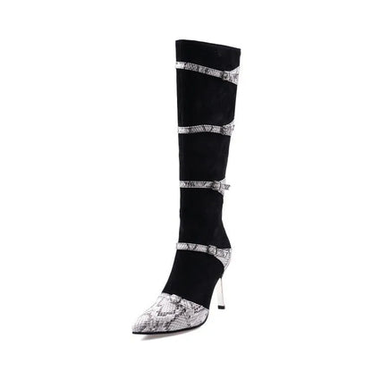 Women's grey and black knee-high boots with 9cm thin high heels, velvet lining, and rubber soles