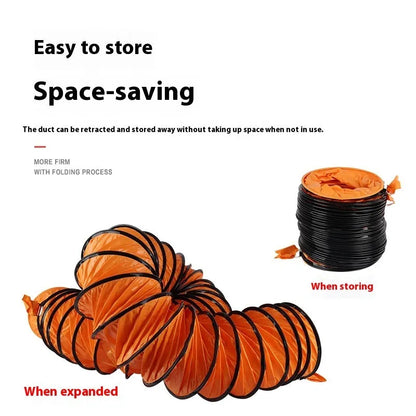 Portable 8-inch industrial axial flow fan with titanium steel blades and a connected 5-metre duct.