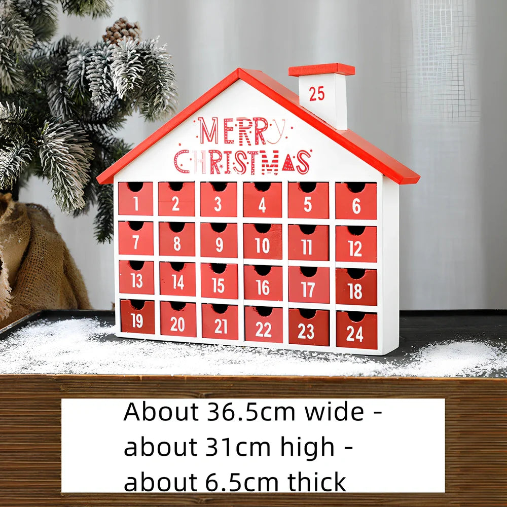 Wooden Christmas advent calendar with 24 numbered compartments in red and green colours measuring 37x32cm