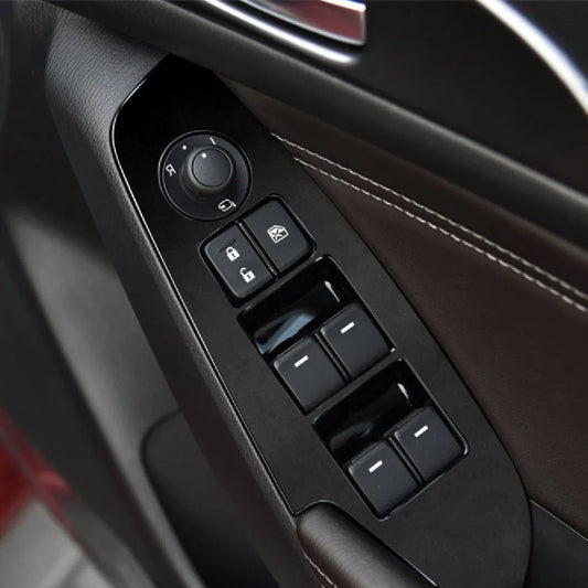 TPU protective film set for car door control panels in transparent, carbon fibre black, and matte black finishes