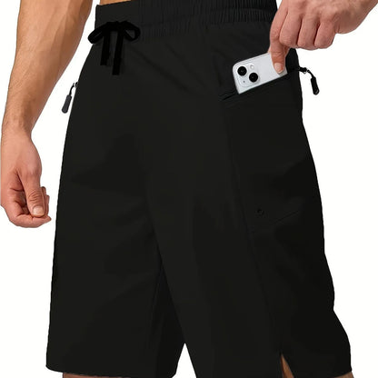 Men's solid-colour quick-drying beach shorts in a straight-leg style on a neutral background.