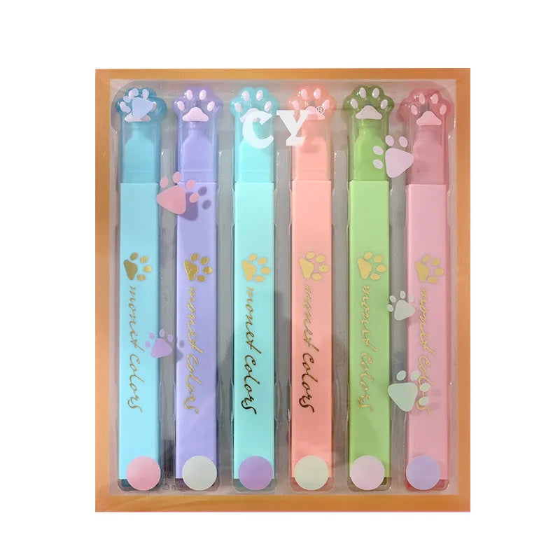Cat's Paw fluorescent marking pen gift set, box open showing six pens with oblique heads.