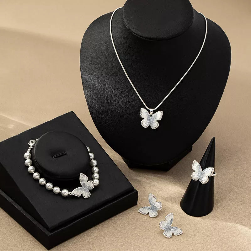 Blue Crystal Butterfly Necklace Set with gradient alloy accents and snake bones chain