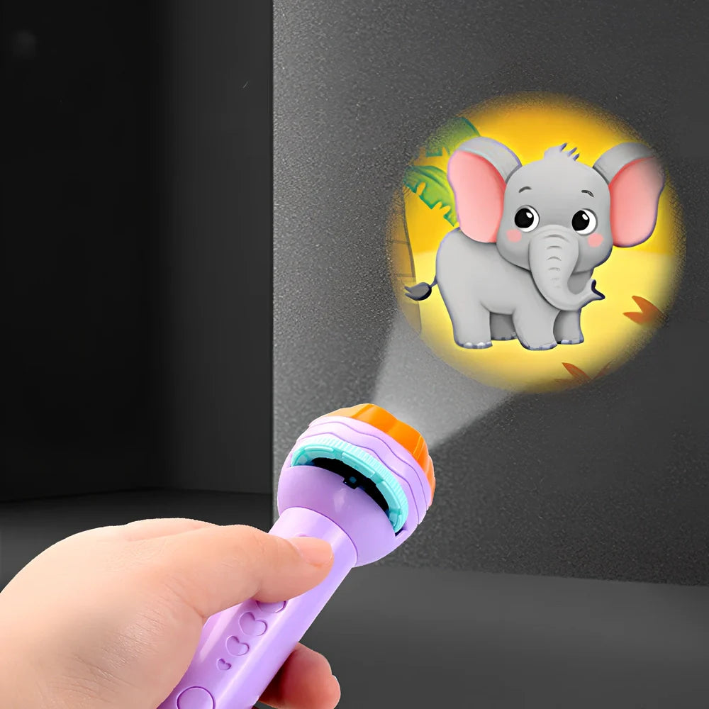 Red plastic cartoon projection flashlight showing rotating lens for 80 pattern changes