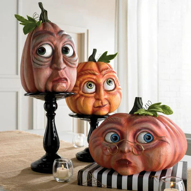 A collection of resin-crafted pumpkins in various sizes and shapes, perfect for Halloween decorations and displays.