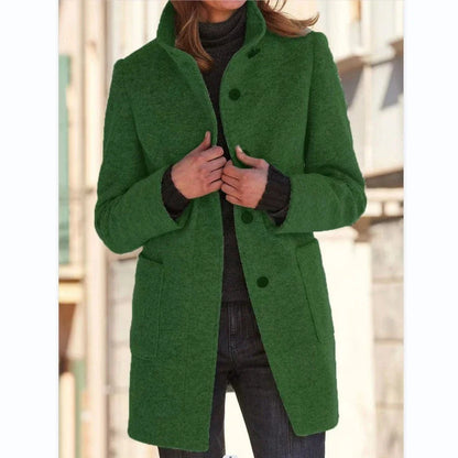 Fashionable woolen coat with stand collar, pockets, and button closure for women's fall and winter outerwear
