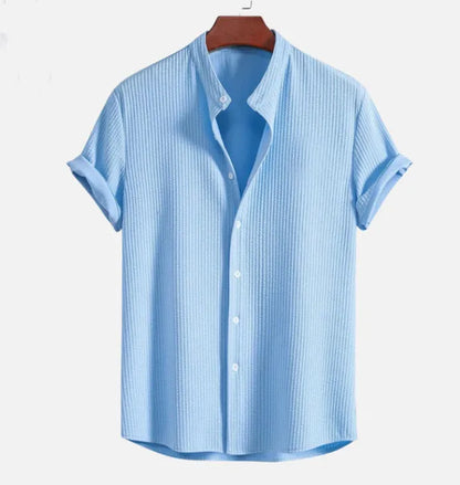 Men's loose short sleeve shirt in polyester, available in colours like wine red and navy blue, sizes S to 4XL
