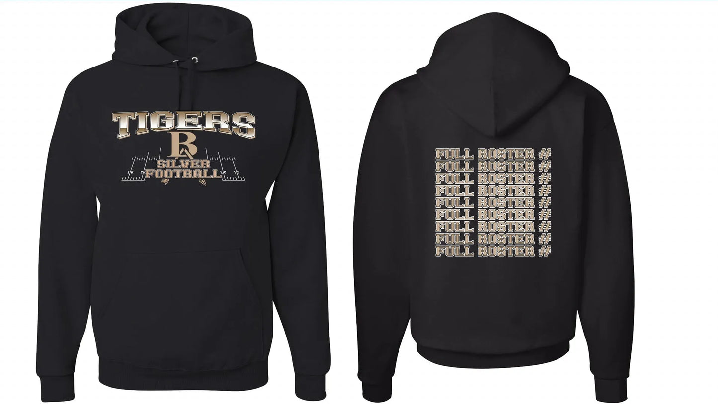 Black drop-shoulder sleeve polyester pullover hoodie on a hanger.