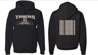 Black drop-shoulder sleeve polyester pullover hoodie on a hanger.