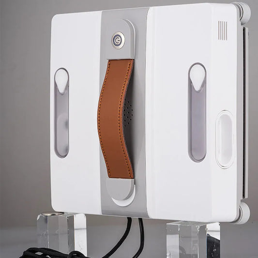 White window cleaning robot with 4 spray nozzles, dimensions 220mm x 220mm x 70mm, for automated high-rise window maintenance