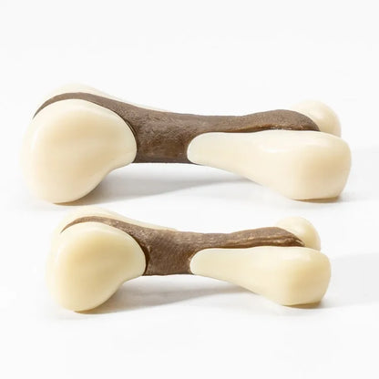 Cowhide and nylon bone grinding rod dog chew toy in foodie bones design, available in two sizes