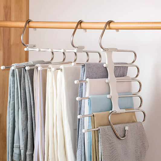 Five-boom stainless steel wardrobe hanger for trousers showing both level and vertical hanging methods
