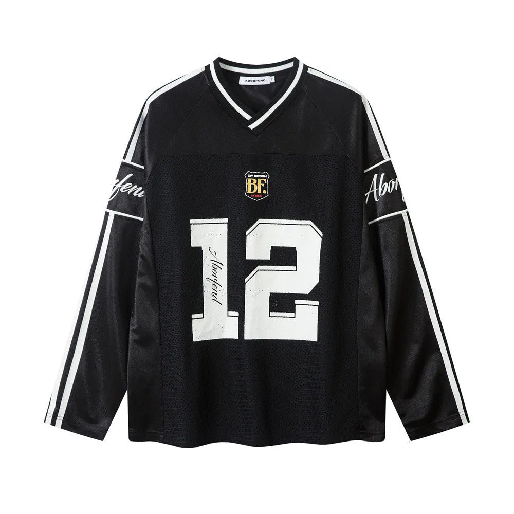 Men's black and white loose fit long-sleeved V-neck top with digital print