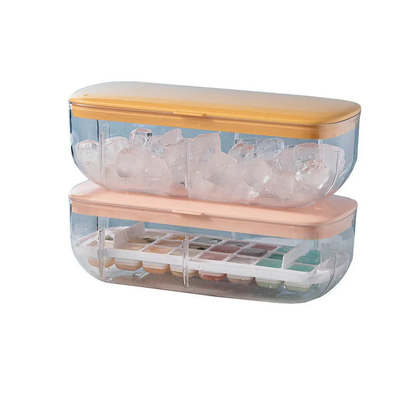 Quick release ice cube tray set with storage box and scoop, available in yellow, blue, and pink