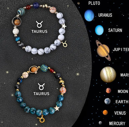 Twelve Zodiac Sign beaded bracelet set with natural stone beads and silver charms on adjustable chain