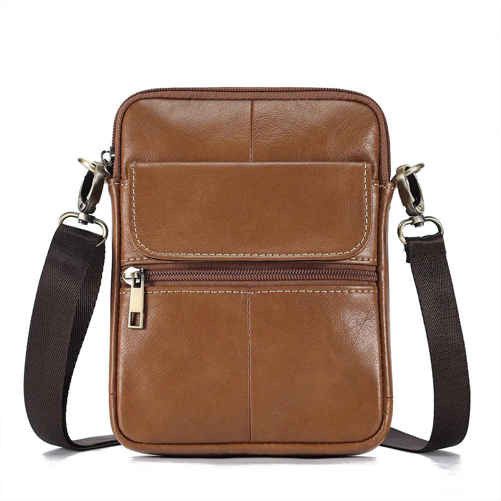Men's brown leather crossbody shoulder bag with visible stitching and polyester cotton lining