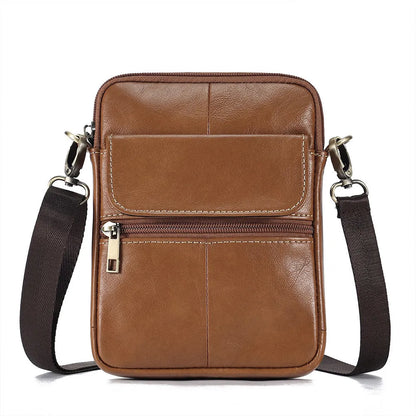 Men's brown leather crossbody shoulder bag with visible stitching and polyester cotton lining