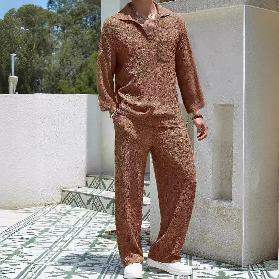 Men's casual shirt and trousers set in lake blue with shirt-style jacket and matching trousers for autumn leisure wear