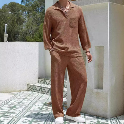 Men's casual shirt and trousers set in lake blue with shirt-style jacket and matching trousers for autumn leisure wear