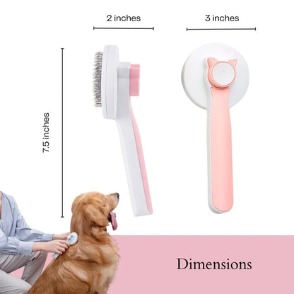 Blue self-cleaning pet grooming brush with stainless steel pins and ergonomic rubber handle on a grey background