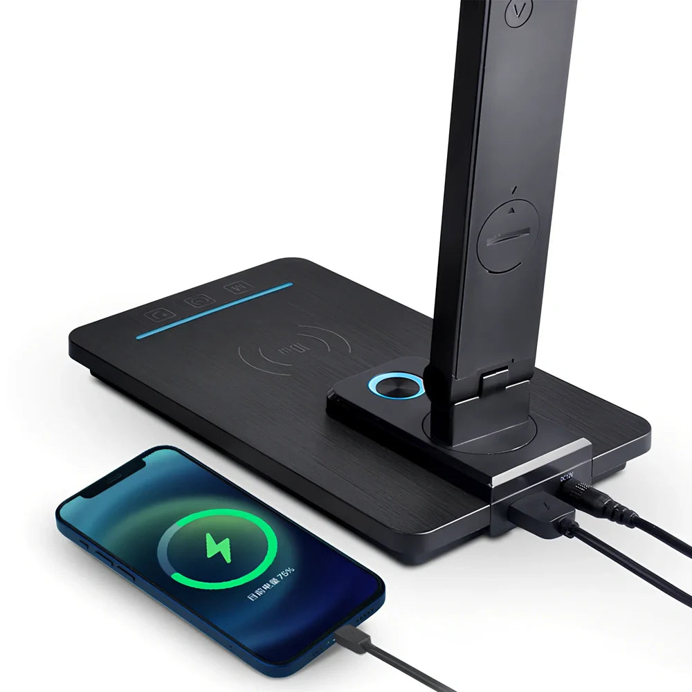 Black table lamp with 10W wireless charging pad and ABS+PS shade for basic night lighting