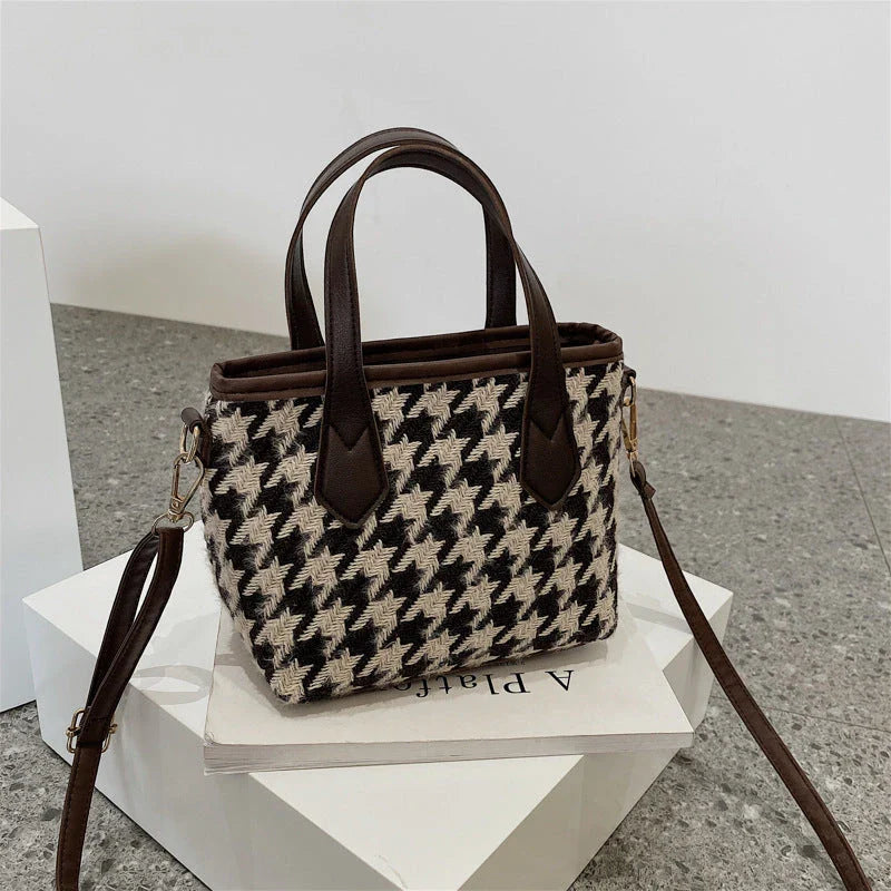 Premium Houndstooth Crossbody Bags for Women - Stylish Wool Handbag with Adjustable Strap and Spacious Main Compartment
