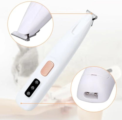 White USB rechargeable electric pet paw trimmer with LED light on grooming dog claws