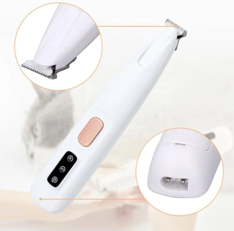Dog Paw Trimmer electric pet claw clipper with USB rechargeable battery, low noise operation, and built-in LED light for precise grooming of dog paws, cat claws, and small animal nails, white colour