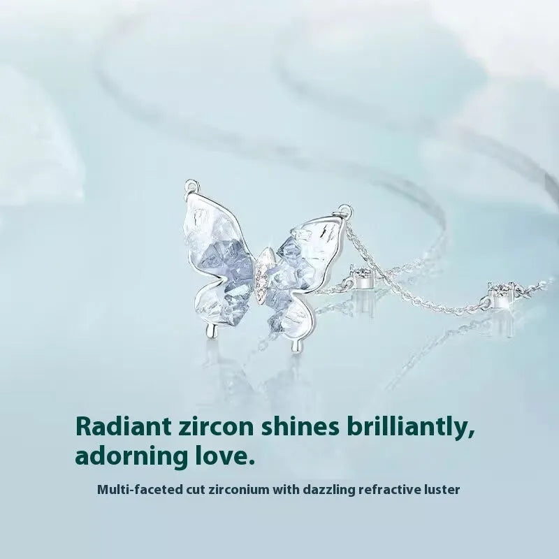 Adjustable 925 silver necklace with ice rain butterfly pendant on 41-50cm chain