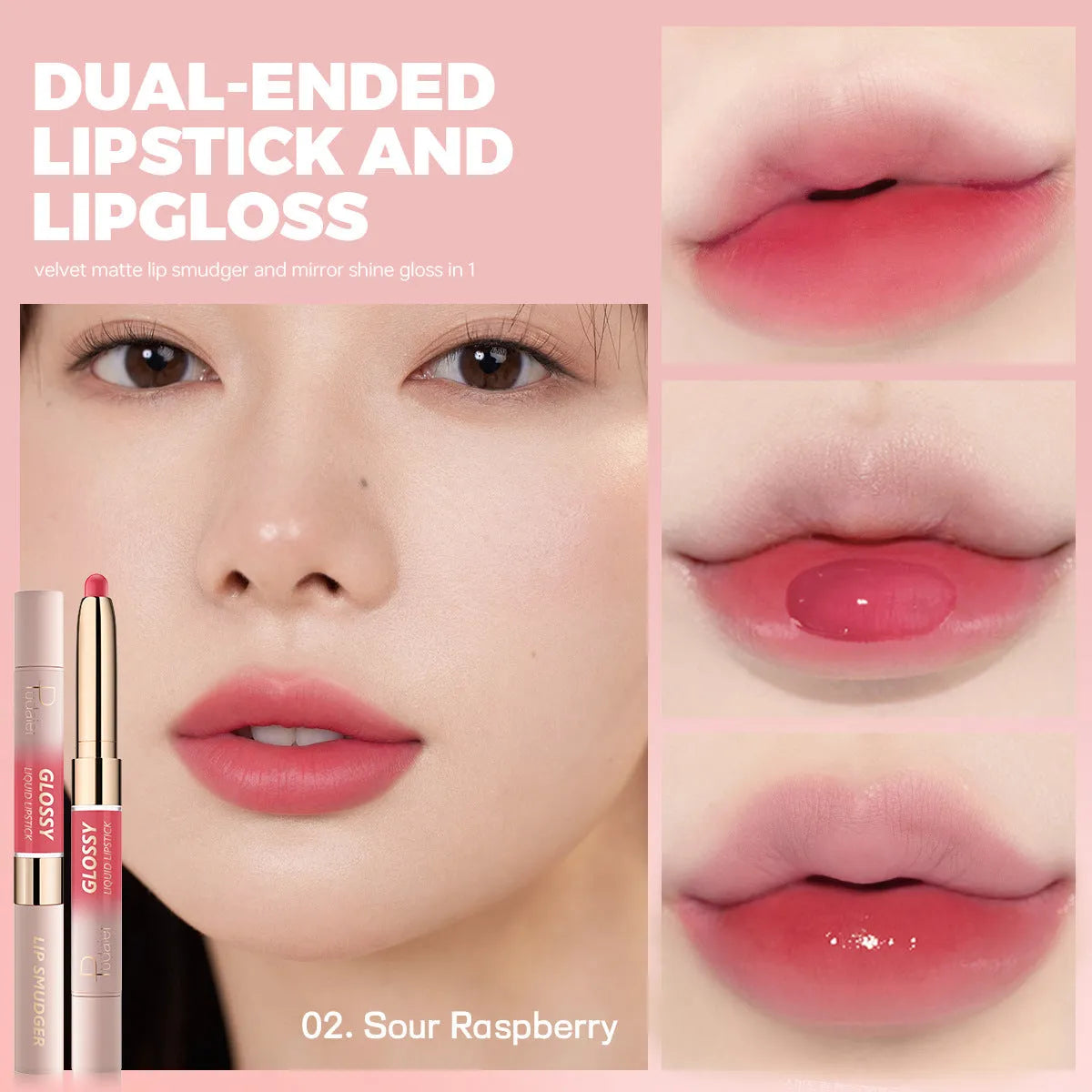 Double-headed lipstick and lip gloss case showing two applicators in 10 colour shades